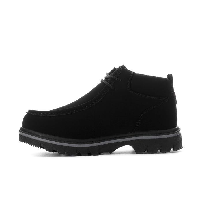 Men's black leather chukka boot, side profile with lace-up ankle and lug sole