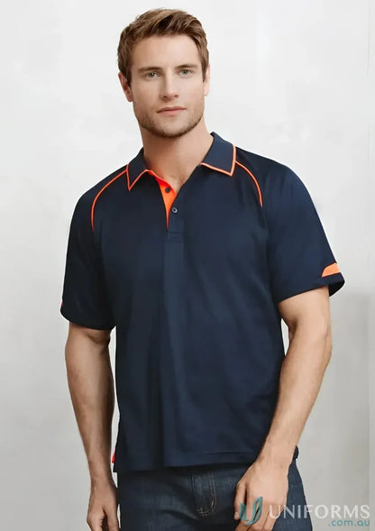 Mens Fusion Short Sleeve Polo with hi-viz fluoro trims and orange collar