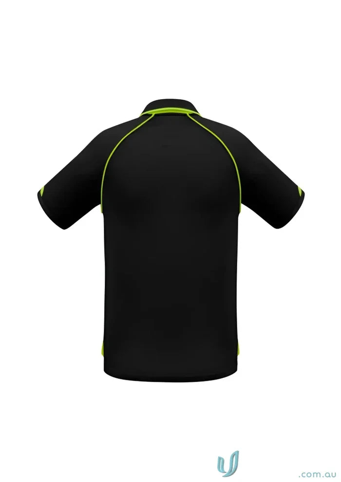 Mens Fusion Short Sleeve Polo with hi-viz fluoro trims in black and neon green