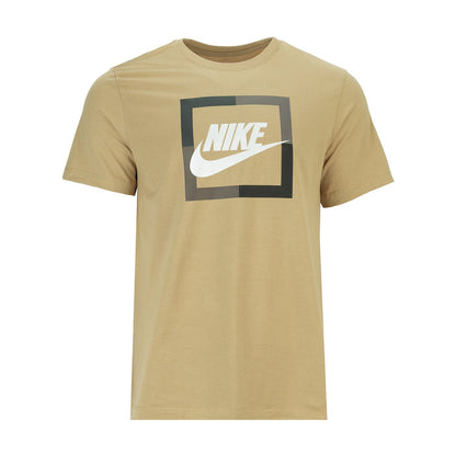 Men's beige short-sleeve tee with Nike block logo graphic on chest