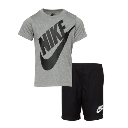 Toddler short set: heather gray T-shirt with black Nike swoosh and black shorts