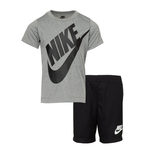 Toddler short set: heather gray T-shirt with black Nike swoosh and black shorts