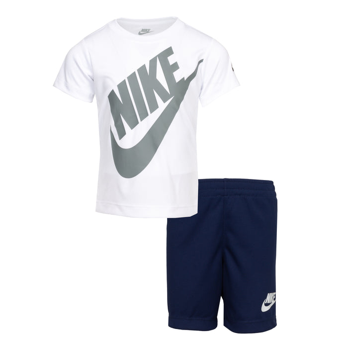 Toddler short set: white Nike logo tee and dark navy shorts