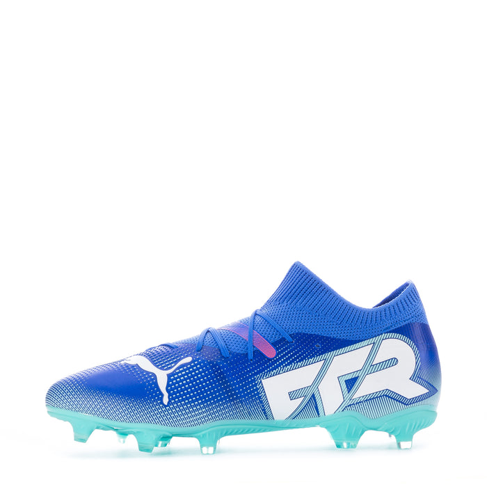 Men's blue soccer cleat with large side graphic, mint studs and outsole