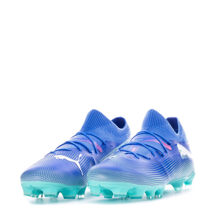 Men's blue soccer cleats pair, lace-up upper with mint-green cleats