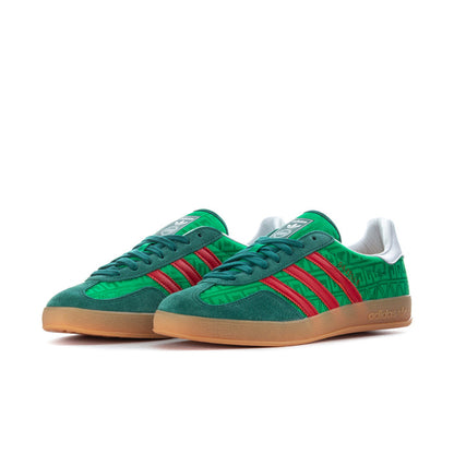 Pair of green men's indoor sneakers with red adidas stripes and gum outsole.