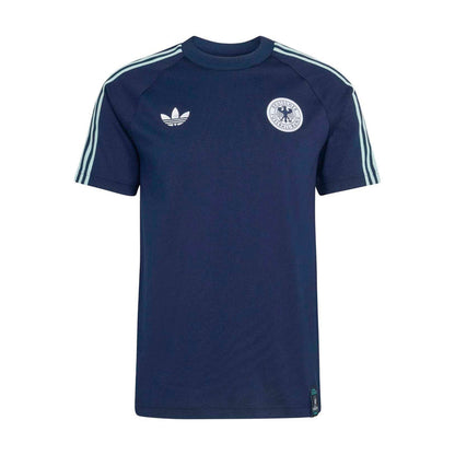 Men's Collegiate navy tee with white trefoil and circular crest patches, raglan stripes.