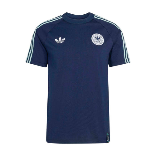 Men's Collegiate navy tee with white trefoil and circular crest patches, raglan stripes.