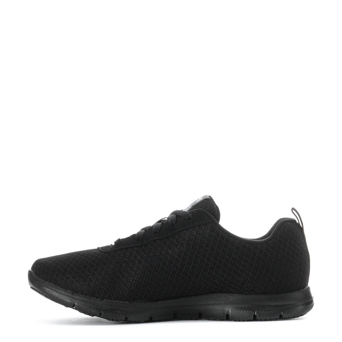 Women’s black lace-up wide sneakers, side profile with textured knit upper