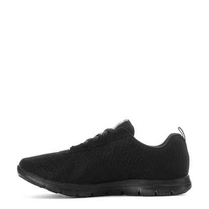 Women’s black lace-up wide sneakers, side profile with textured knit upper