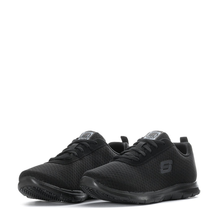 Women’s black lace-up wide sneakers, pair front view with lace eyelets