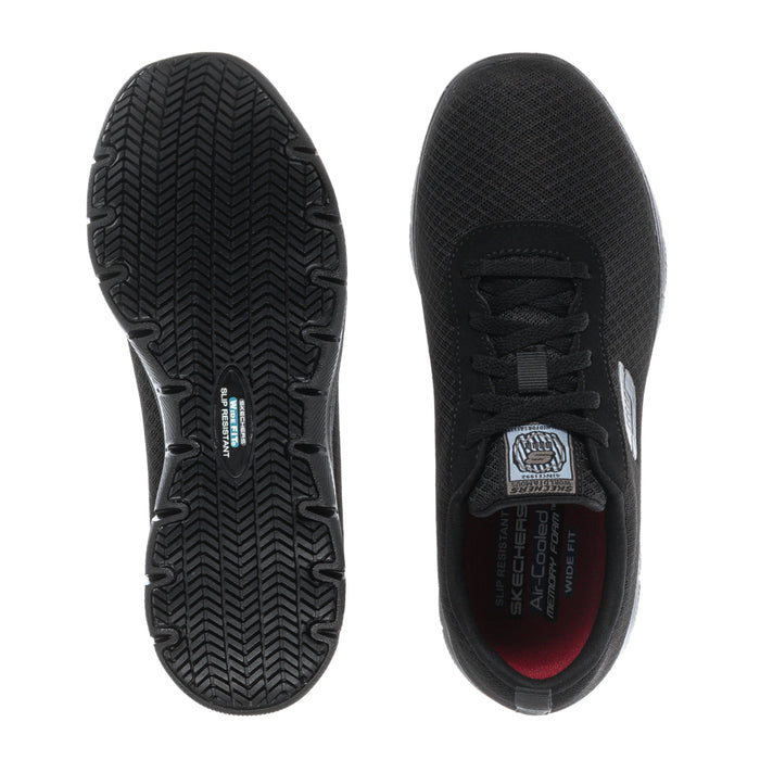 Women’s black wide sneakers showing tread outsole and lace-up upper
