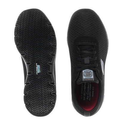 Women’s black wide sneakers showing tread outsole and lace-up upper