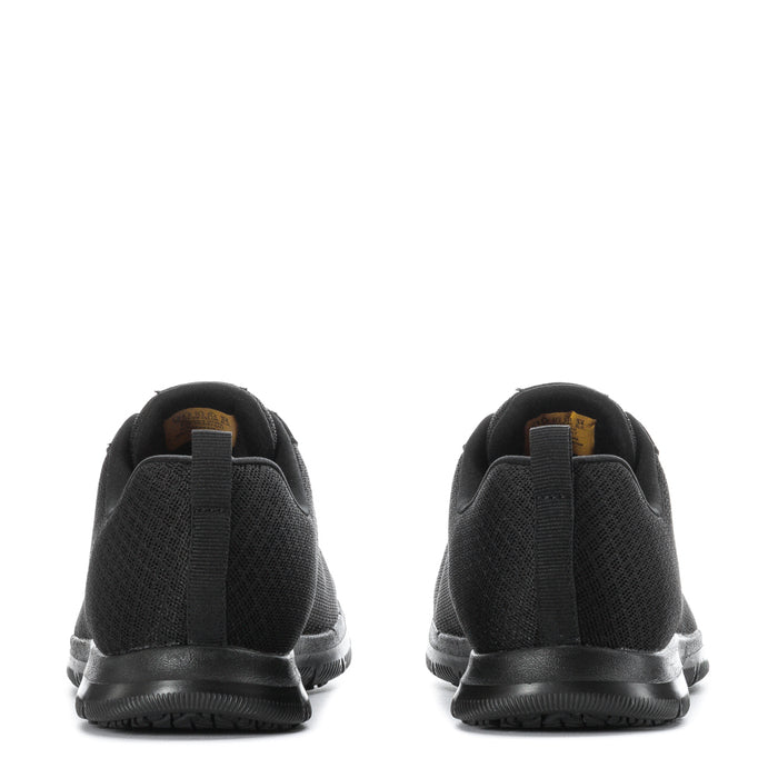 Women’s black wide sneakers, rear view with heel tab and cushioned sole
