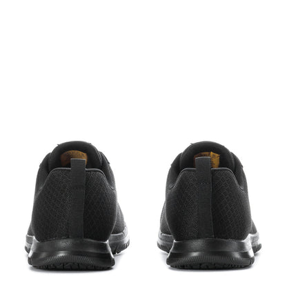 Women’s black wide sneakers, rear view with heel tab and cushioned sole