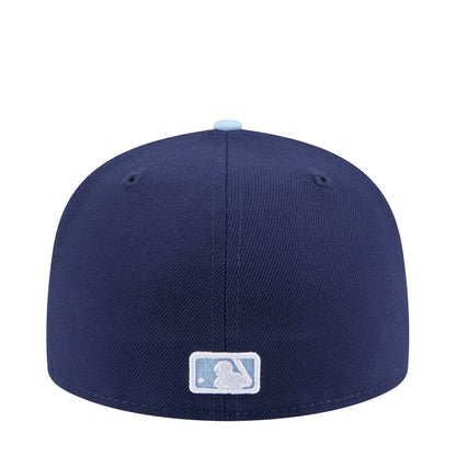 Two-tone baseball cap in dark navy with light blue brim and baseball glove patch