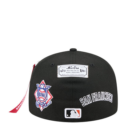 Black baseball cap with New Era label, San Francisco text, and team emblem