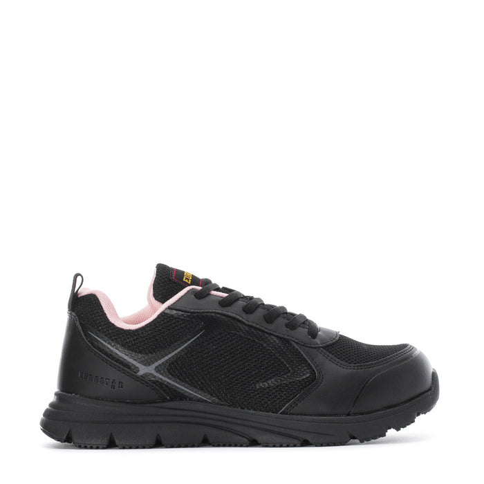 Black lace-up athletic sneaker with pink collar lining and textured side panels.