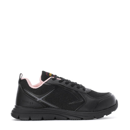 Black lace-up athletic sneaker with pink collar lining and textured side panels.