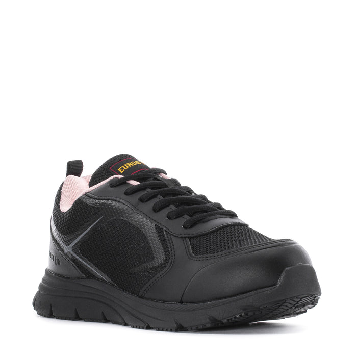 Black athletic sneaker with pink lining, lace-up front, and cushioned rubber sole.