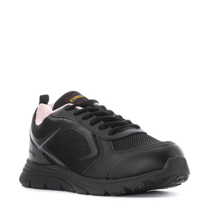 Black athletic sneaker with pink lining, lace-up front, and cushioned rubber sole.