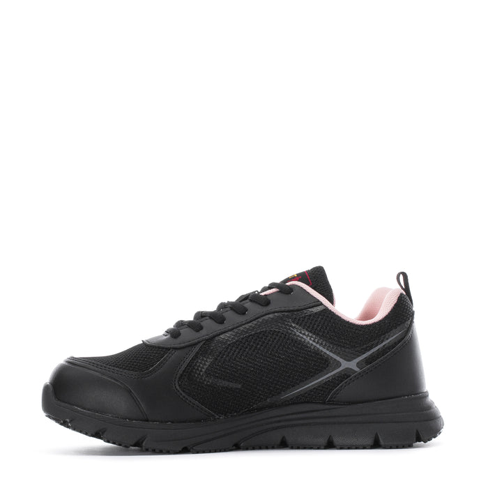 Black runner sneaker with pink collar lining, side mesh panels, and treaded sole.