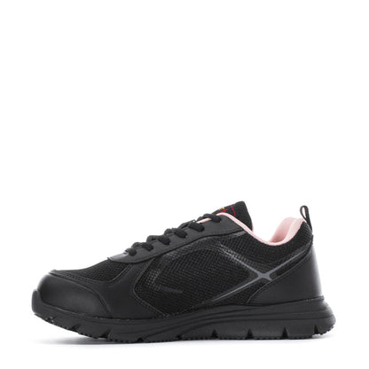 Black runner sneaker with pink collar lining, side mesh panels, and treaded sole.