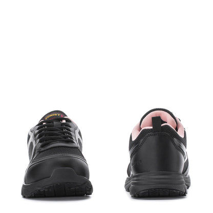 Black sneakers with pink interior lining, showing lace-up heel and toe details.
