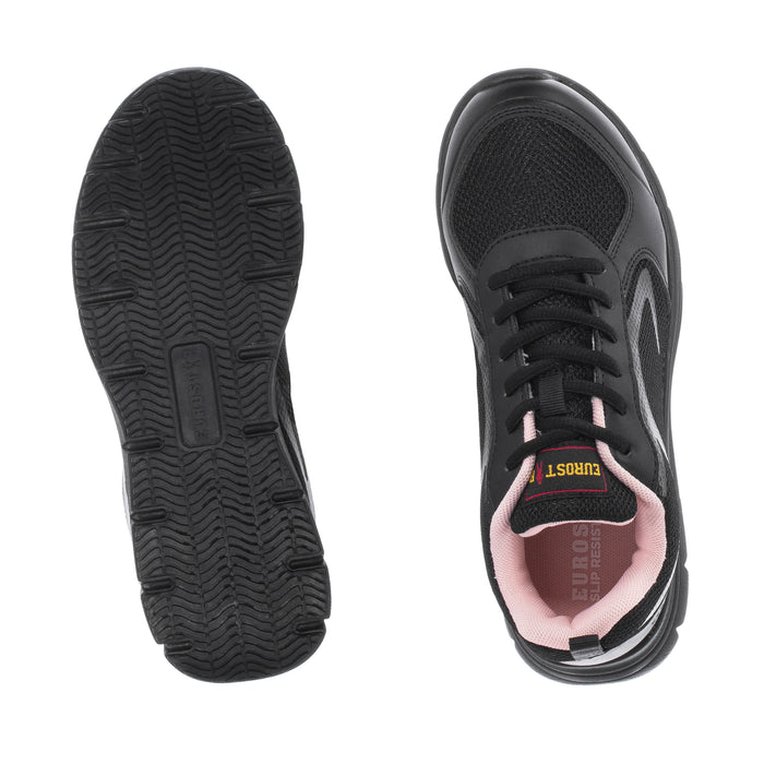 Black rubber outsole and black upper with pink interior lining, lace-up closure.
