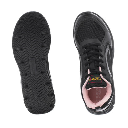 Black rubber outsole and black upper with pink interior lining, lace-up closure.