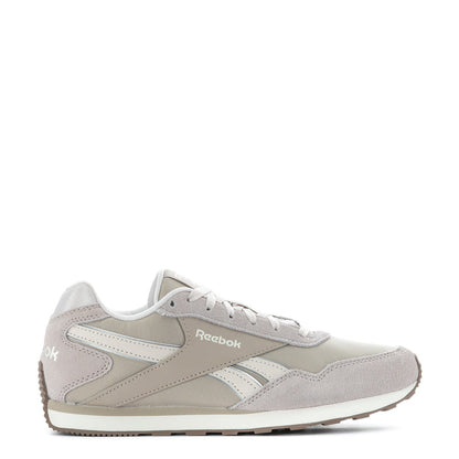Women's low-top lace-up sneakers, light grey/beige suede, white laces, Reebok logo