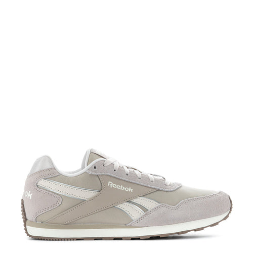 Women's low-top lace-up sneakers, light grey/beige suede, white laces, Reebok logo
