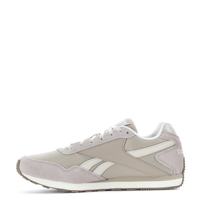 Women's low-top sneakers side view, light grey/beige suede with white laces and Reebok