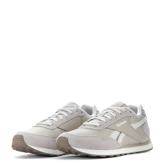 Women's low-top sneakers front view, light grey/beige suede with white lace-up