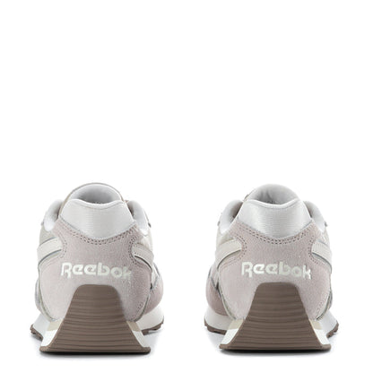 Women's sneaker heel view, light grey/beige suede with Reebok logo on back