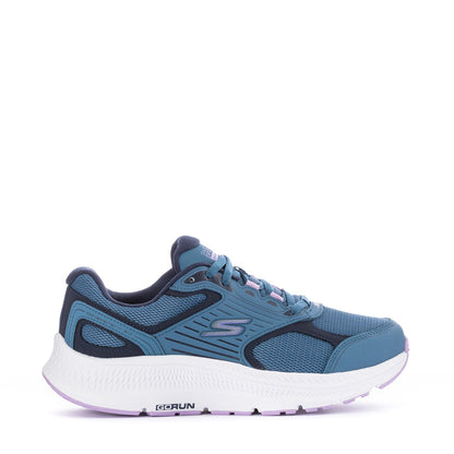 Women's blue running shoes with mesh panels, white midsole, purple heel and side trim