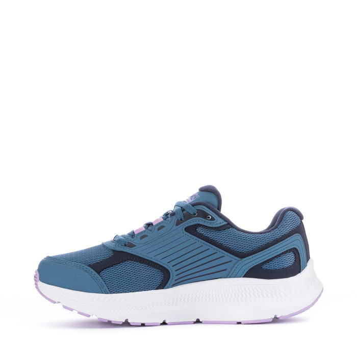 Women's blue running shoes, side logo detail, white midsole with purple outsole trim