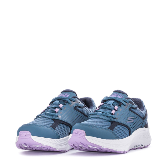 Pair of women's blue running shoes, lace-up mesh uppers, white midsoles, purple accents
