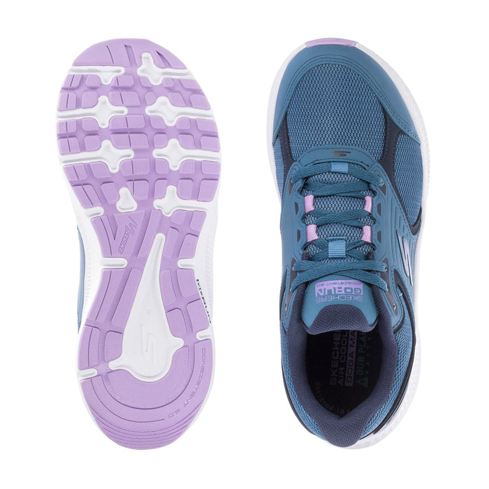 Women's running shoe outsole, purple traction tread with white and blue edges
