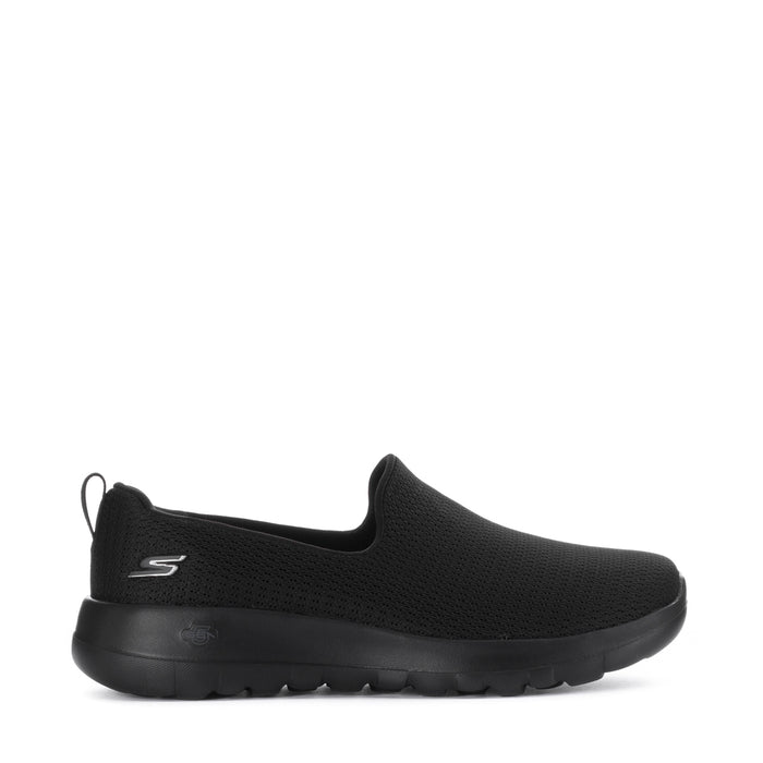 Women's black slip-on walking shoes with textured knit upper and cushioned sole