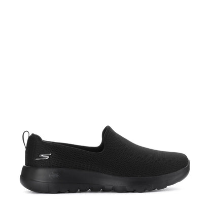 Women's black slip-on walking shoes with textured knit upper and cushioned sole