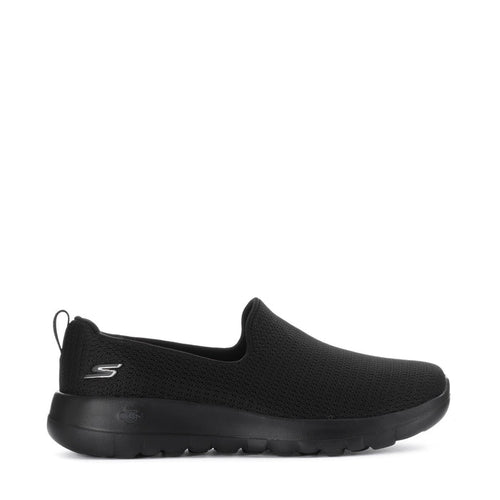 Women's black slip-on walking shoes with textured knit upper and cushioned sole