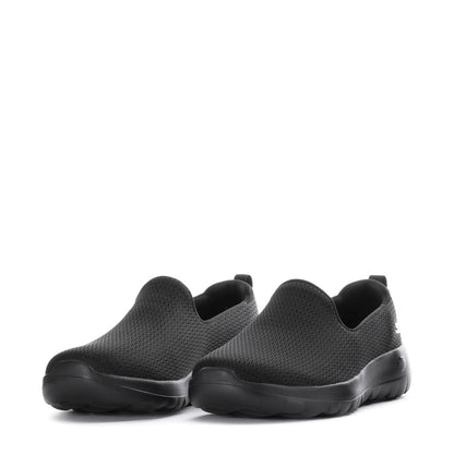 Women's black slip-on walking shoes, front view pair with stretch knit upper
