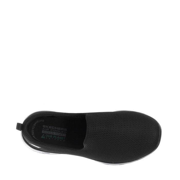 Women's black slip-on walking shoes, interior side view with Skechers branding
