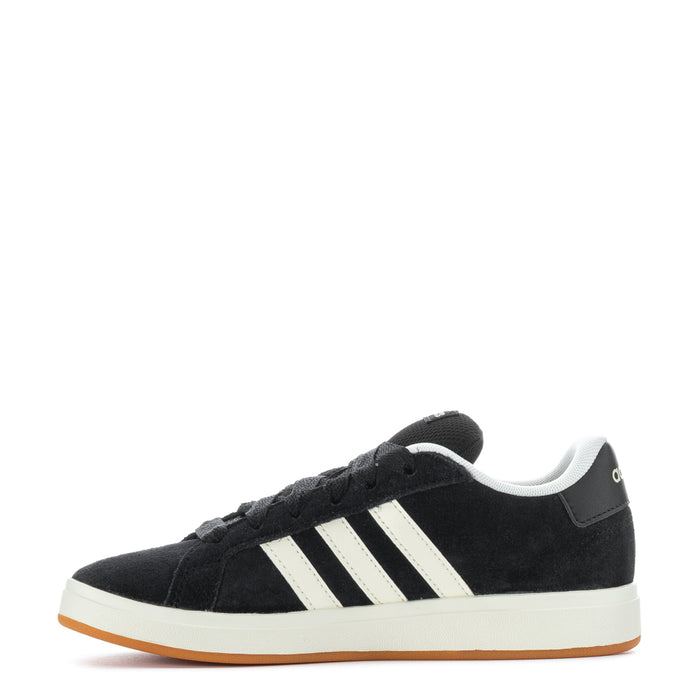 Kids adidas Grand Court sneakers, black suede, white stripes, gum-toned sole