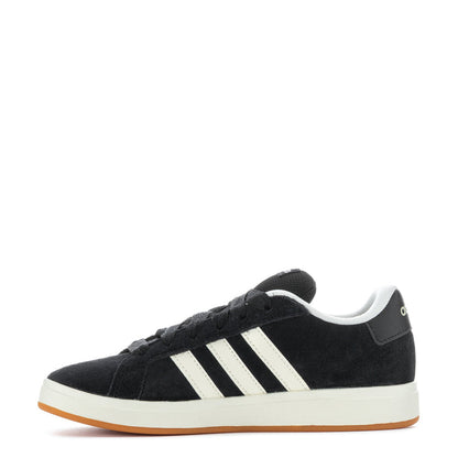 Kids adidas Grand Court sneakers, black suede, white stripes, gum-toned sole