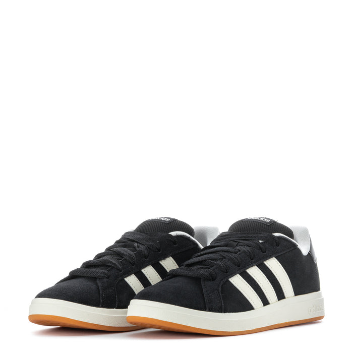 Kids adidas Grand Court sneakers, black with white stripes and gum sole, pair view