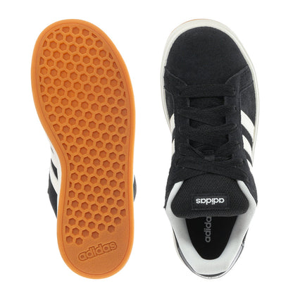 Kids adidas Grand Court sneaker outsole and toe view, black uppers, gum tread