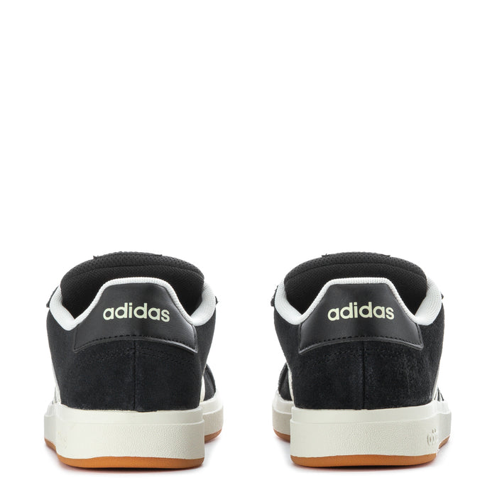 Kids adidas Grand Court sneakers heel view, black suede with white midsole