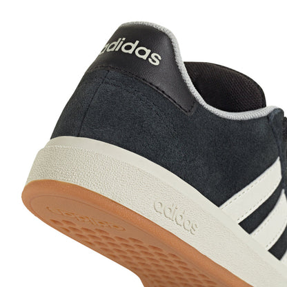 Kids adidas Grand Court upper close-up, black suede with white stripe and gum sole